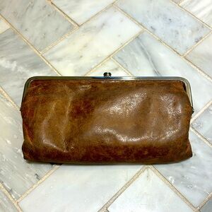 Brown, distressed, hobo, leather wallet with chrome trim